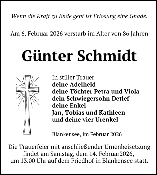 Traueranzeige von Günter Schmidt von Uckermark Kurier Templiner Zeitung