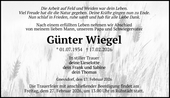 Traueranzeige von Günter Wiegel von Der Prignitzer, Prignitz Express