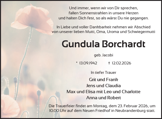 Traueranzeige von Gundula Borchardt von Nordkurier Neubrandenburger Zeitung, Nordkurier Grosso