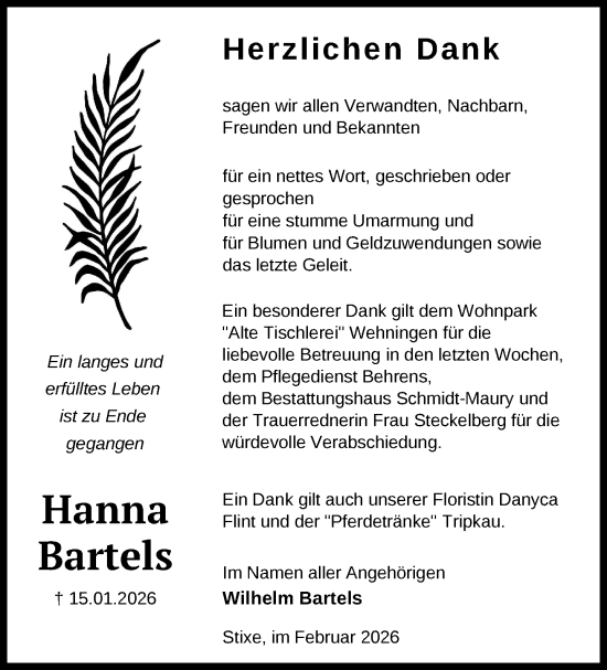 Traueranzeige von Hanna Bartels von Hagenower Kreisblatt
