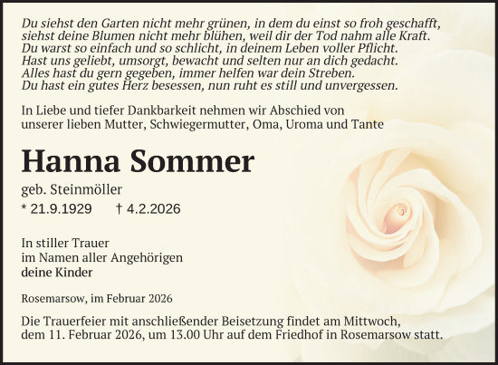 Traueranzeige von Hanna Sommer von Nordkurier Neubrandenburger Zeitung, Nordkurier Grosso