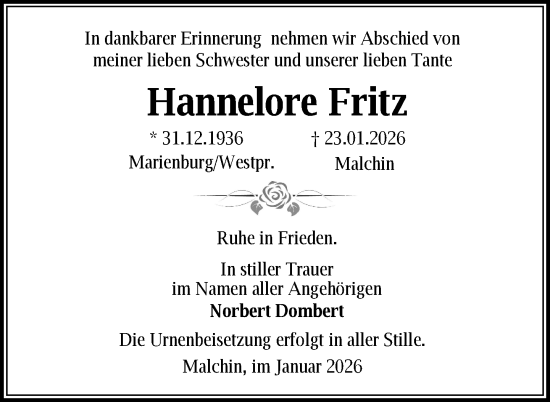 Traueranzeige von Hannelore Fritz von Nordkurier Mecklenburger Schweiz, Nordkurier Grosso