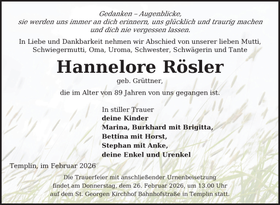 Traueranzeige von Hannelore Rösler von Uckermark Kurier Templiner Zeitung
