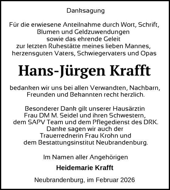 Traueranzeige von Hans-Jürgen Krafft von Nordkurier Neubrandenburger Zeitung, Nordkurier Grosso
