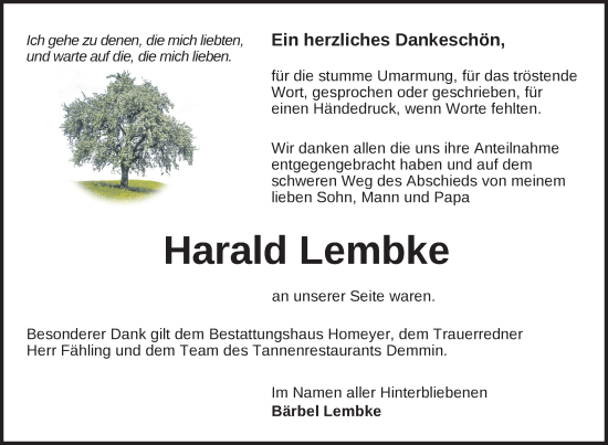 Traueranzeige von Harald Lembke von Nordkurier Neubrandenburger Zeitung