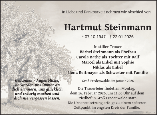 Traueranzeige von Hartmut Steinmann von Uckermark Kurier Templiner Zeitung