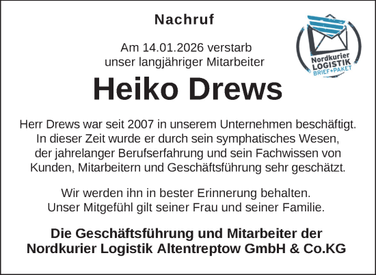Traueranzeige von Heiko Drews von Nordkurier Neubrandenburger Zeitung, Nordkurier Grosso