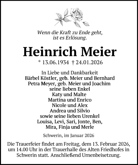 Traueranzeige von Heinrich Meier von Zeitung für die Landeshauptstadt
