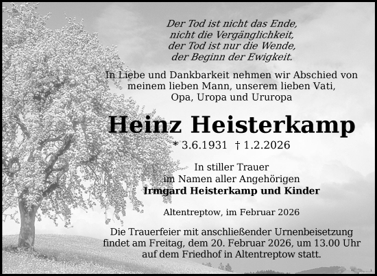 Traueranzeige von Heinz Heisterkamp von Nordkurier Neubrandenburger Zeitung, Nordkurier Grosso