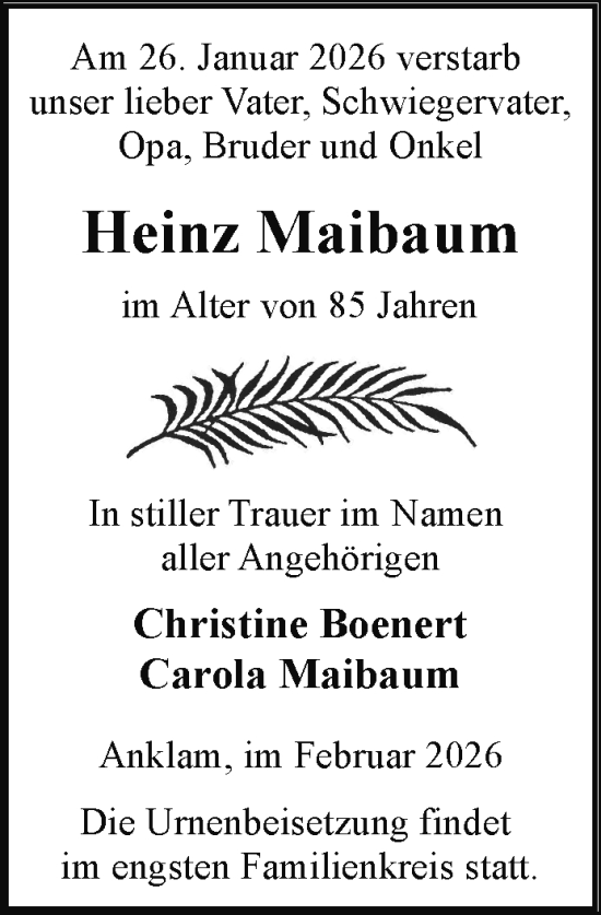Traueranzeige von Heinz Maibaum von Nordkurier Vorpommern Kurier, Nordkurier Grosso