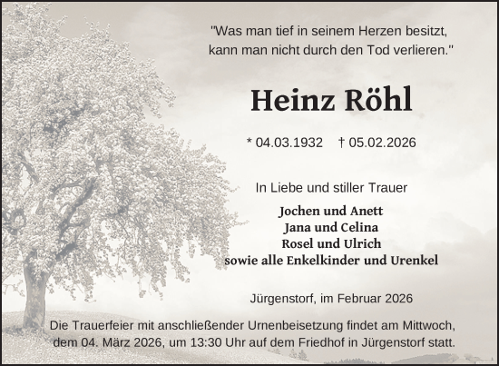 Traueranzeige von Heinz Röhl von Nordkurier Mecklenburger Schweiz, Nordkurier Grosso