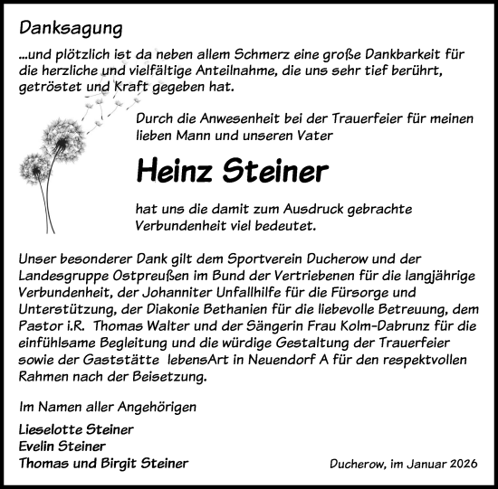 Traueranzeige von Heinz Steiner von Nordkurier Haff-Zeitung, Nordkurier Vorpommern Kurier, Nordkurier Grosso