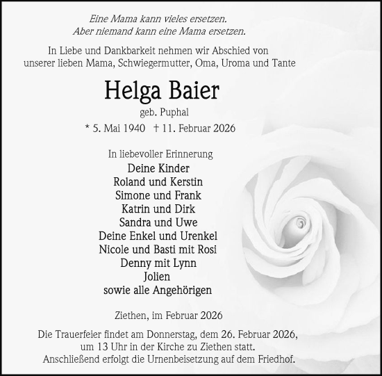 Traueranzeige von Helga Baier von Nordkurier Vorpommern Kurier, Nordkurier Grosso