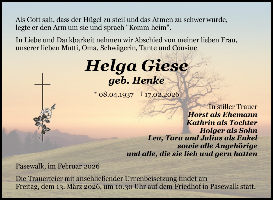 Traueranzeige von Helga Giese von Nordkurier Pasewalker Zeitung, Nordkurier Grosso
