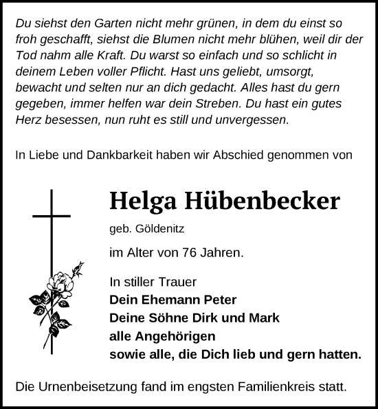 Traueranzeige von Helga Hübenbecker von Zeitung für die Landeshauptstadt, Güstrow und Bützow