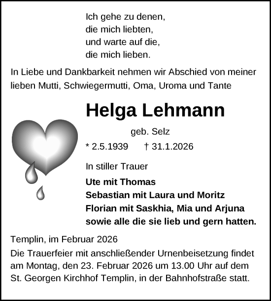Traueranzeige von Helga Lehmann von Uckermark Kurier Templiner Zeitung