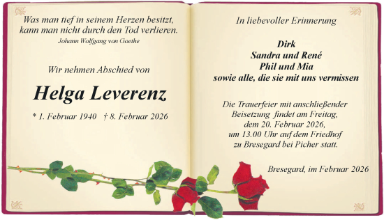 Traueranzeige von Helga Leverenz von Hagenower Kreisblatt