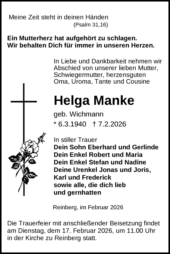 Traueranzeige von Helga Manke von Nordkurier Neubrandenburger Zeitung, Nordkurier Grosso