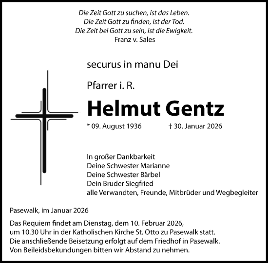 Traueranzeige von Helmut Gentz von Nordkurier Pasewalker Zeitung, Nordkurier Grosso