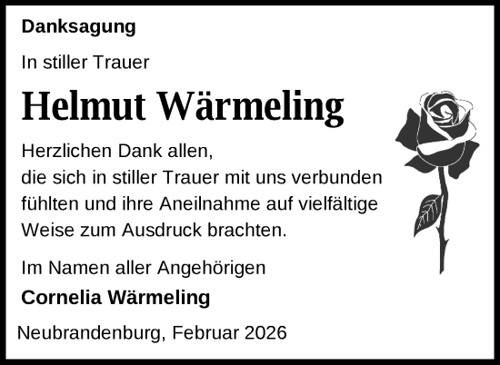 Traueranzeige von Helmut Wärmeling von Nordkurier Neubrandenburger Zeitung, Nordkurier Grosso
