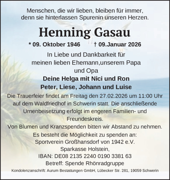 Traueranzeige von Henning Gasau von Zeitung für die Landeshauptstadt