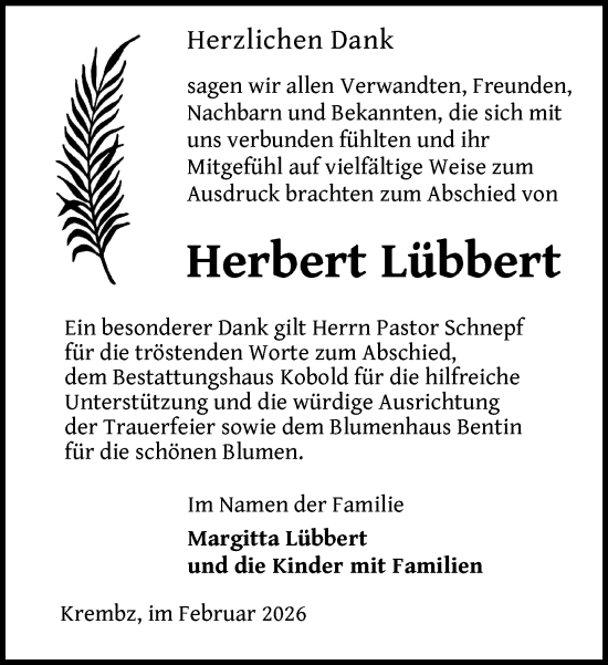 Traueranzeige von Herbert Lübbert von Gadebusch - Rehnaer Zeitung