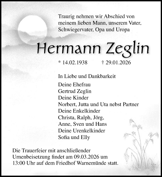 Traueranzeige von Hermann Zeglin von Norddeutsche Neueste Nachrichten