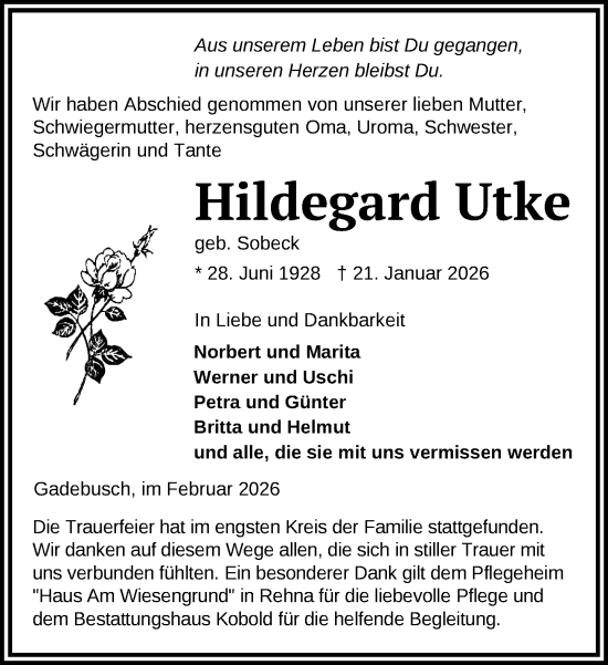 Traueranzeige von Hildegard Utke von Gadebusch - Rehnaer Zeitung