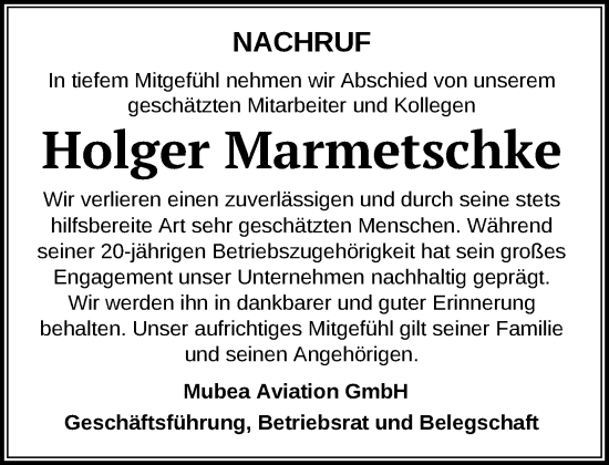 Traueranzeige von Holger Marmetschke von Zeitung für die Landeshauptstadt