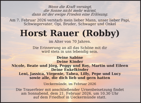 Traueranzeige von Horst Rauer von Nordkurier Grosso, Nordkurier Haff-Zeitung