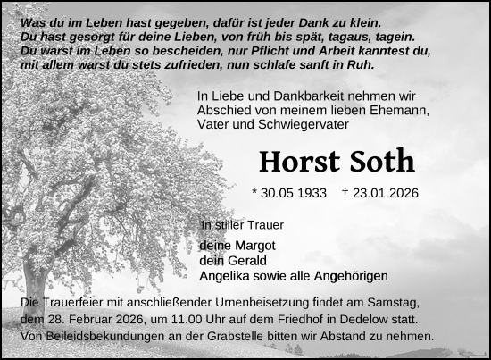 Traueranzeige von Horst Soth von Uckermark Kurier Prenzlauer Zeitung