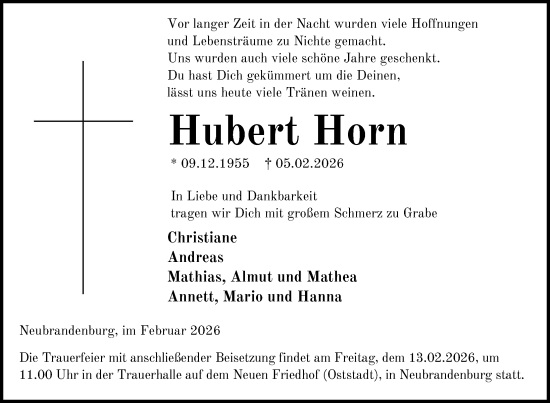 Traueranzeige von Hubert Horn von Nordkurier Neubrandenburger Zeitung