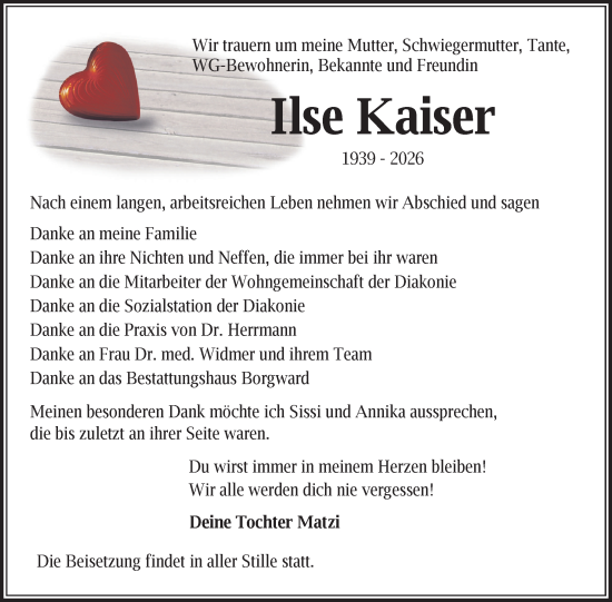 Traueranzeige von Ilse Kaiser von Nordkurier Mecklenburger Schweiz, Nordkurier Grosso