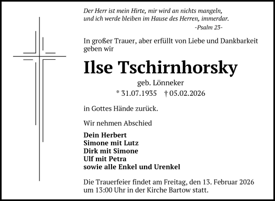 Traueranzeige von Ilse Tschirnhorsky von Nordkurier Neubrandenburger Zeitung, Nordkurier Grosso
