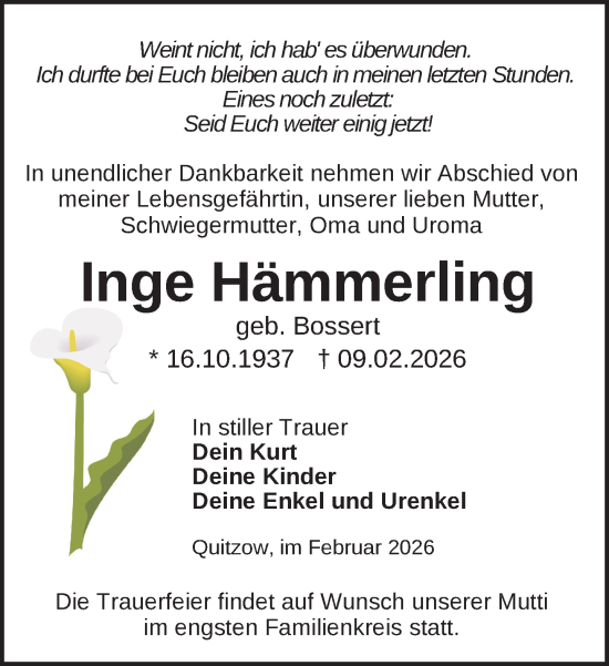 Traueranzeige von Inge Hämmerling von Der Prignitzer