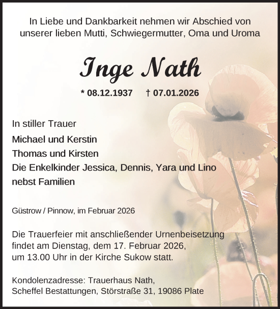 Traueranzeige von Inge Nath von Güstrow und Bützow
