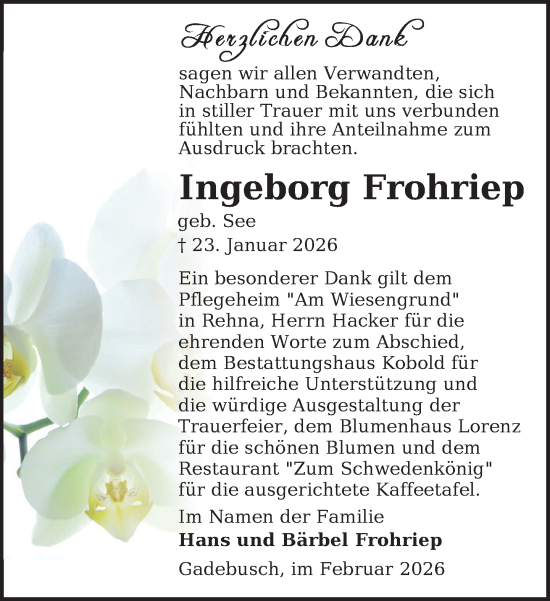 Traueranzeige von Ingeborg Frohriep von Gadebusch - Rehnaer Zeitung