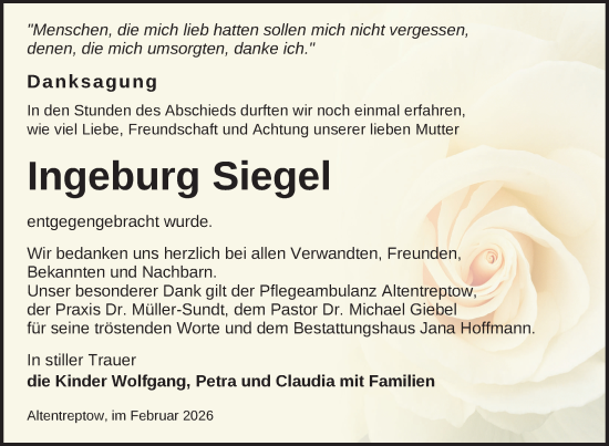 Traueranzeige von Ingeburg Siegel von Nordkurier Neubrandenburger Zeitung, Nordkurier Grosso