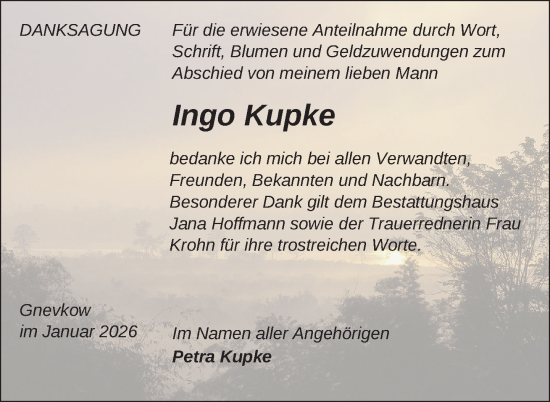 Traueranzeige von Ingo Kupke von Nordkurier Neubrandenburger Zeitung, Nordkurier Demminer Zeitung, Nordkurier Grosso