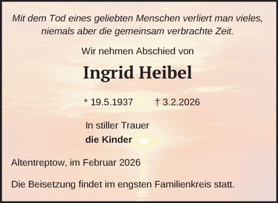 Traueranzeige von Ingrid Heibel von Nordkurier Neubrandenburger Zeitung, Nordkurier Grosso