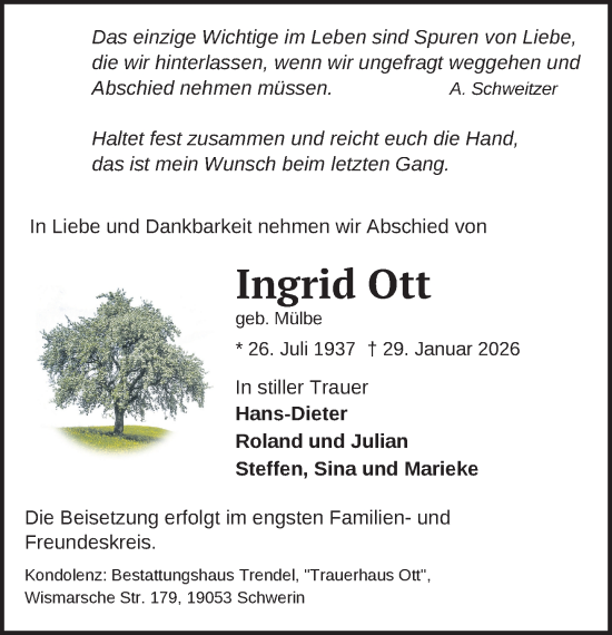 Traueranzeige von Ingrid Ott von Zeitung für die Landeshauptstadt