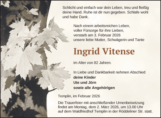 Traueranzeige von Ingrid Vitense von Uckermark Kurier Templiner Zeitung