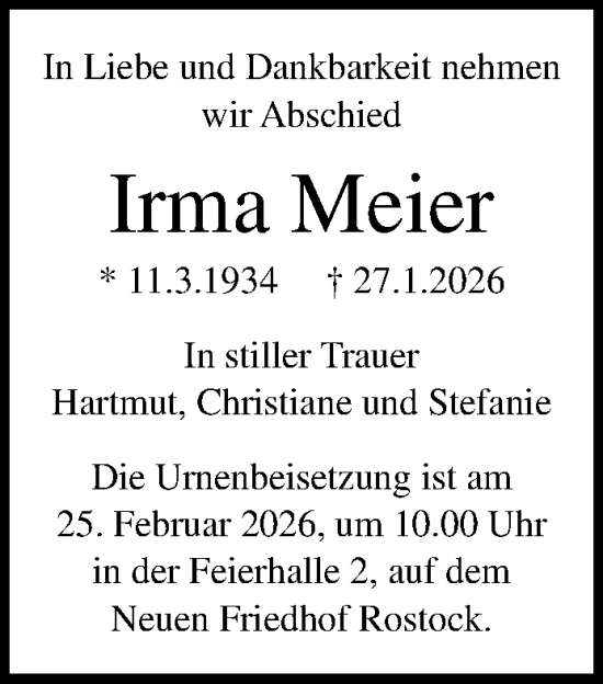 Traueranzeige von Irma Meier von Norddeutsche Neueste Nachrichten