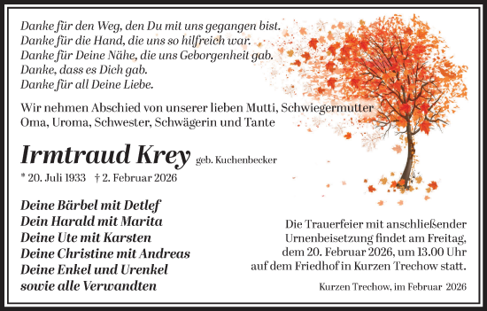 Traueranzeige von Irmtraud Krey von Güstrow und Bützow