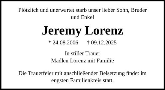 Traueranzeige von Jeremy Lorenz von Norddeutsche Neueste Nachrichten