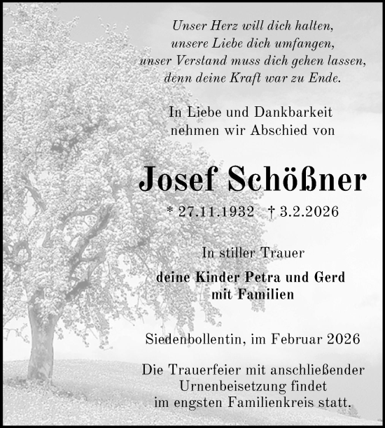 Traueranzeige von Josef Schößner von Nordkurier Neubrandenburger Zeitung, Nordkurier Grosso