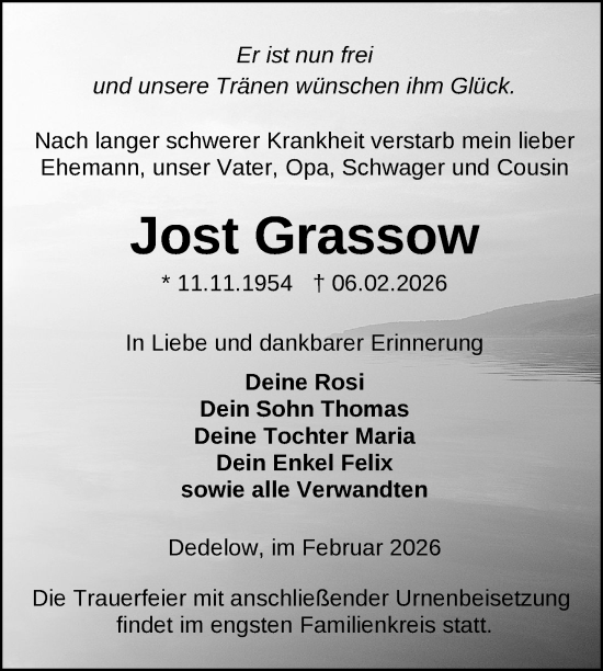 Traueranzeige von Jost Grassow von Uckermark Kurier Prenzlauer Zeitung