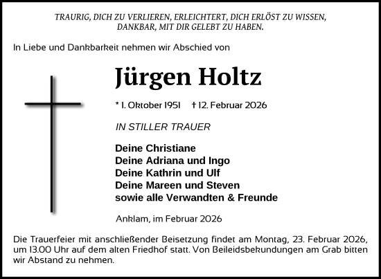 Traueranzeige von Jürgen Holtz von Nordkurier Vorpommern Kurier, Nordkurier Grosso