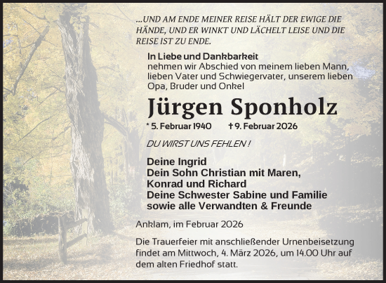 Traueranzeige von Jürgen Sponholz von Nordkurier Vorpommern Kurier, Nordkurier Grosso