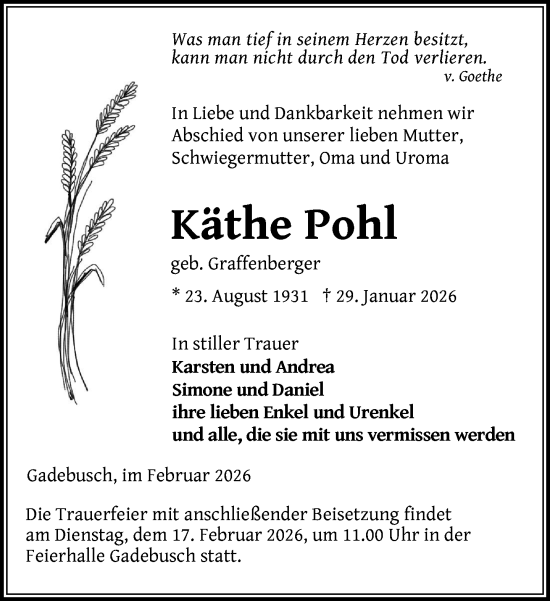 Traueranzeige von Käthe Pohl von Gadebusch - Rehnaer Zeitung